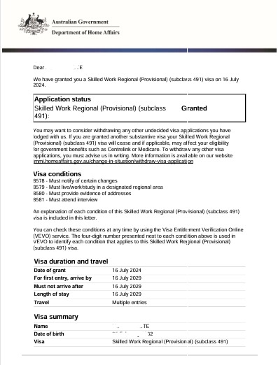 Visa grant